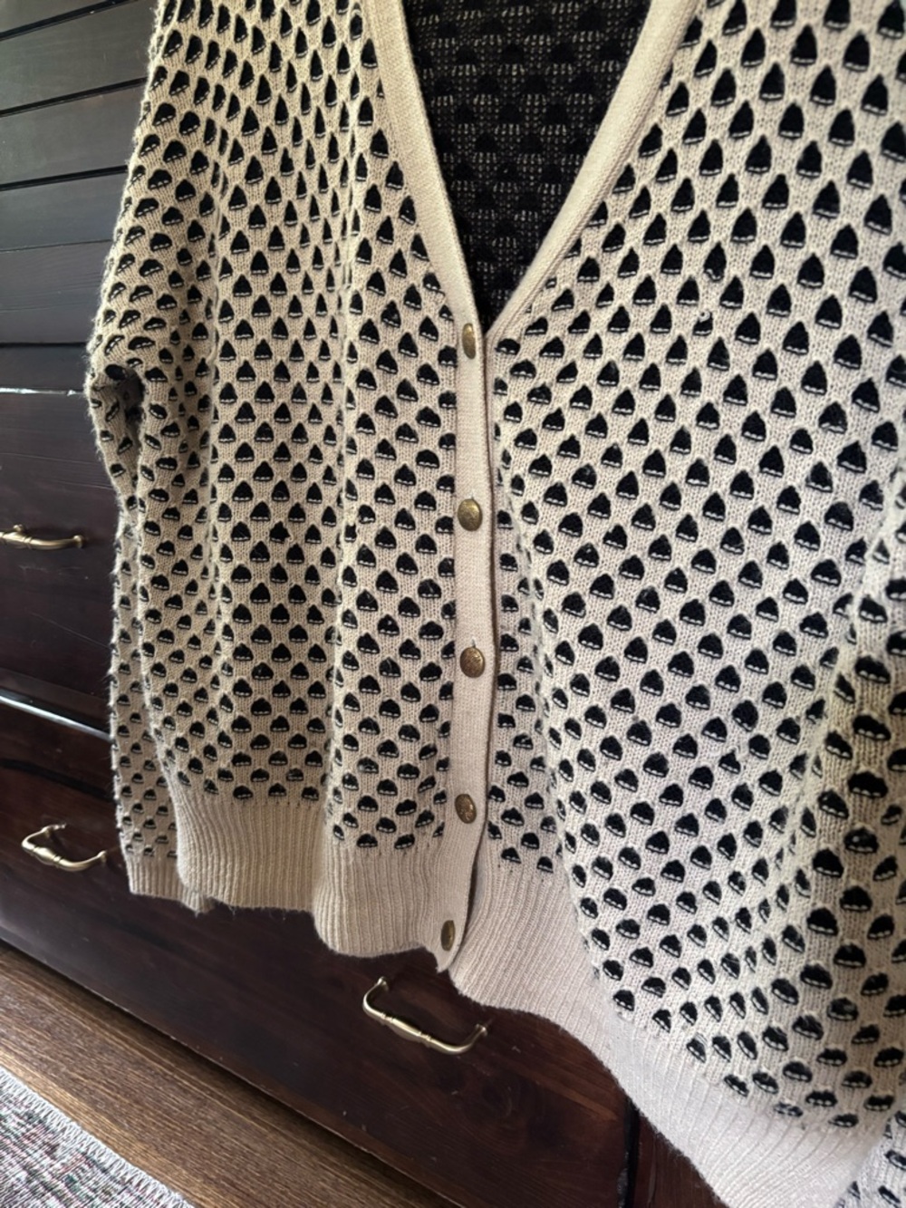 Everly Beige and Black Open-Weave V-Neck Cardigan